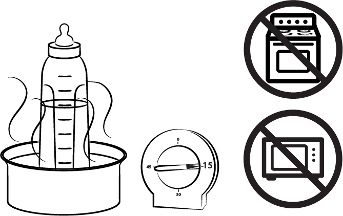 Étape 1 : Placez le biberon dans l'eau chaude pendant au maximum 15 minutes. Ne réchauffez pas le biberon sur la cuisinière ou dans le four à micro-ondes.