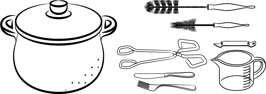 Matériel de stérilisation : grande casserole avec couvercle, brosse pour biberon et brosse pour tétine, pinces, couteau, fourchette, ouvre-boîte et tasse à mesurer en verre.
