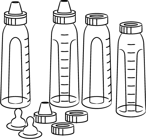 Matériel de stérilisation : biberons en verre ou bouteilles de plastique sans BPA, tétines, capuchons et anneaux.