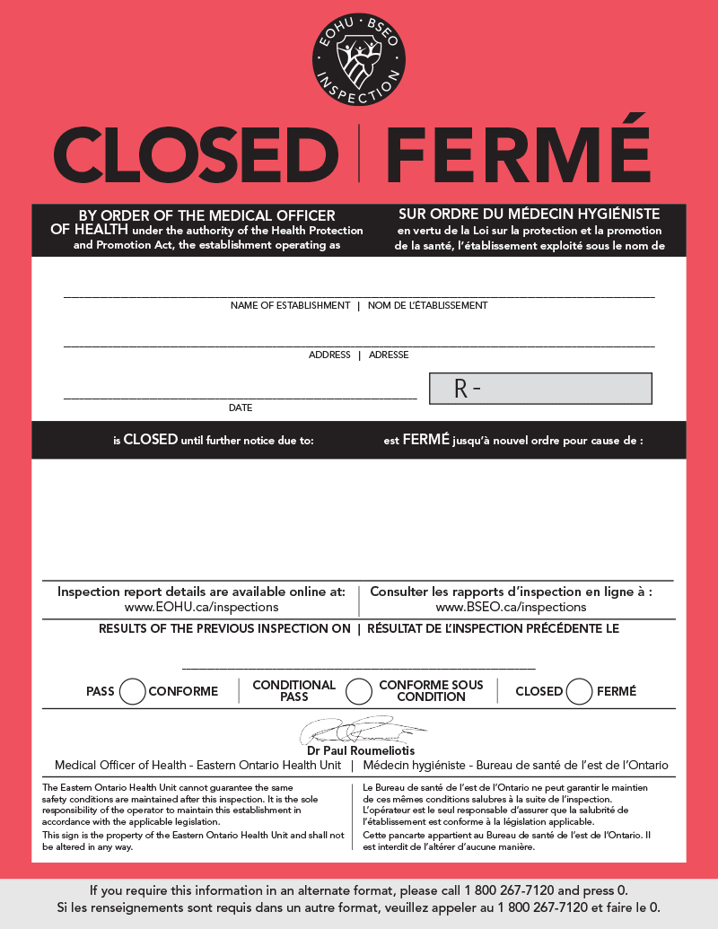Sample of the EOHU red CLOSED sign, issued when an immediate health hazard exists